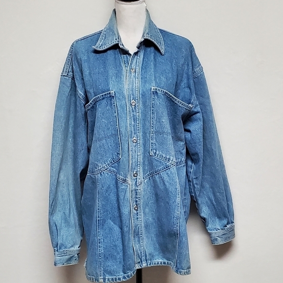 Vintage OOAK red oxx stone wash large pocket button up denim shacket jean jacket - Picture 1 of 13